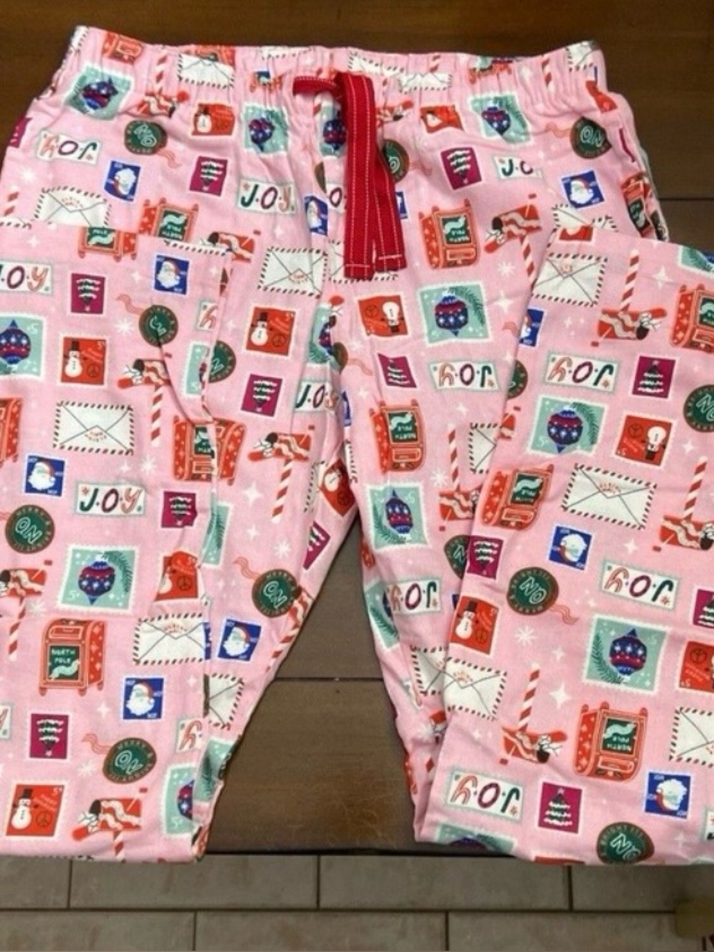 Old Navy Pink Christmas Flannel Pajama Pants Sleigh Mail Holiday Stamps Medium